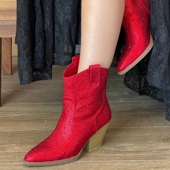 New Red Rhinestone Cowgirl Cowboy Western Ankle Boots Booties Block Heel Pull-On - Picture 2 of 6